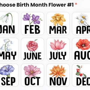 Op de afbeelding: Een raster van twaalf witte vierkanten, elk met een andere geboortemaandbloem en de bijbehorende maand in vette zwarte tekst. De bloemen zijn onder meer een sneeuwklokje, viooltjes, narcissen, madeliefjes, lelietje-van-dalen, een roos, een lotus, een klaproos, winde, een roze bloem, een chrysant en hulst.