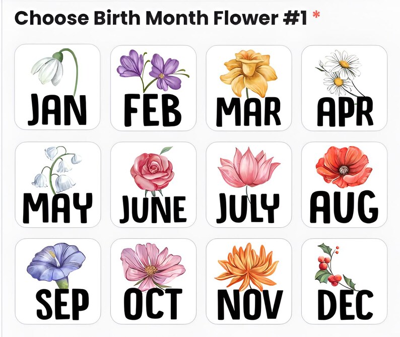 Op de afbeelding: Een raster van twaalf witte vierkanten, elk met een andere geboortemaandbloem en de bijbehorende maand in vette zwarte tekst. De bloemen zijn onder meer een sneeuwklokje, viooltjes, narcissen, madeliefjes, lelietje-van-dalen, een roos, een lotus, een klaproos, winde, een roze bloem, een chrysant en hulst.