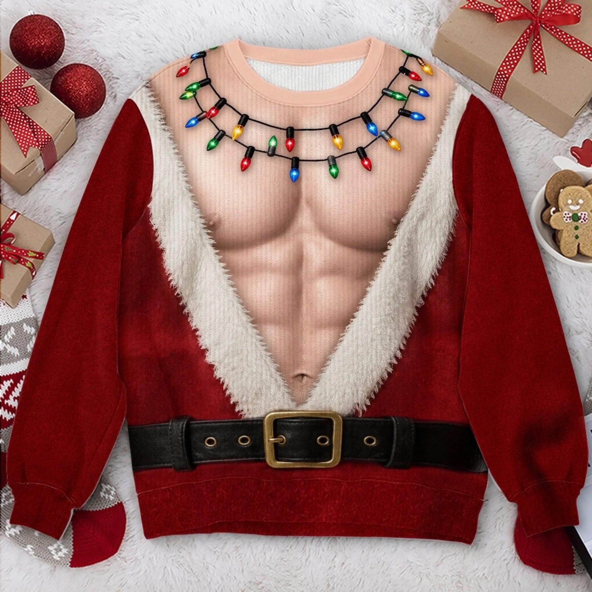 Funny Santa Abs Ugly Sweater, Hairy Chest 3D Print Holiday Party Gift