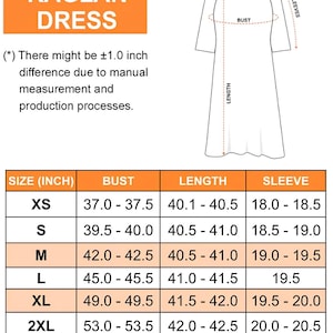 May include: An orange and white graphic with the words "RAGLAN DRESS" and a size chart. The chart provides bust, length, and sleeve measurements in inches for sizes XS to 3XL. A diagram of a dress illustrates the measurement points.