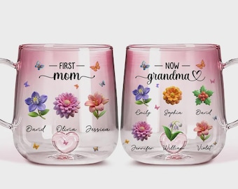 Personalized Floral Glass Grandma Mug, Custom Family Name Gift