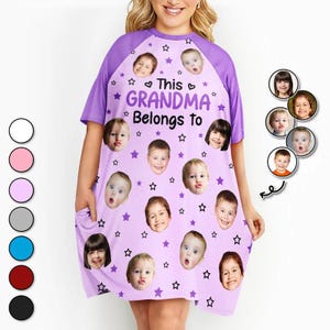 May include: A lilac nightgown with short sleeves and a round neck. The nightgown features the text "This Grandma Belongs to" with star accents and multiple baby faces. The sleeves are a darker shade of purple.