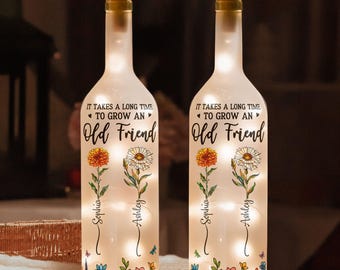 Personalized Friendship Lamp Bottle: Custom Names & Flowers LED Light