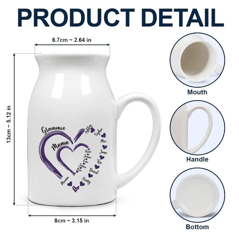 May include: White ceramic mug with a large handle, featuring a purple heart design with the words "Grammie Mama" and names. The mug is 5.12 inches tall and 3.15 inches wide.