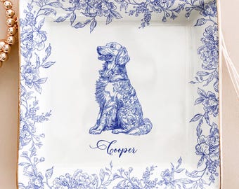 Custom Dog Portrait Jewelry Dish: Chinoiserie Ceramic Trinket Plate