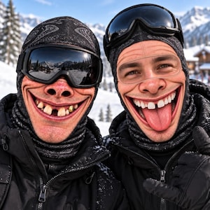 May include: Two individuals wearing black paisley-patterned balaclavas and black ski jackets. One wears dark-tinted ski goggles on their head, while the other wears them over their eyes. Both have exaggerated, wide smiles, with one showing a gold tooth.