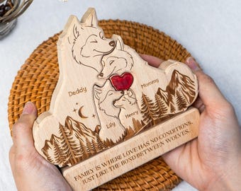 Puzzle personalizzato in legno con famiglia di lupi: decorazione rustica con nome personalizzato