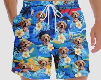 Benutzerdefinierte Hunde Gesicht Badehose, personalisierte Haustier Foto Shorts, Strand Urlaub Hawaiian Style