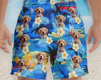 Custom Photo Beach Shorts: Tropical Hawaiian Dog & Cat Aloha