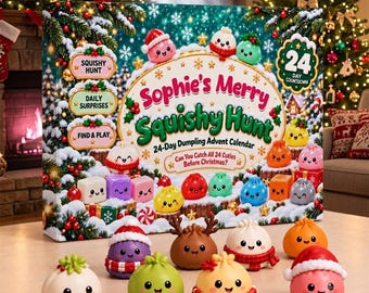 Op de afbeelding: Een 24-daagse adventskalender getiteld Sophie's Merry Squishy Hunt met kleurrijke knoedel-personages. De doos toont feestelijke kerstafbeeldingen en er staan verschillende kleine, ronde, lachende knoedelfiguurtjes voor.