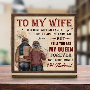 Personalized Wooden Anniversary Plaque: To My Queen, Custom Couple Portrait
