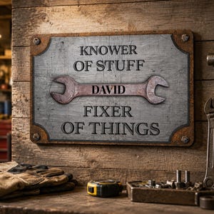 May include: A rectangular metal sign with a distressed silver finish and a rusted border. The text reads "KNOWER OF STUFF", "DAVID" across a wrench graphic, and "FIXER OF THINGS". The sign is mounted on a wooden wall with four corner bolts.