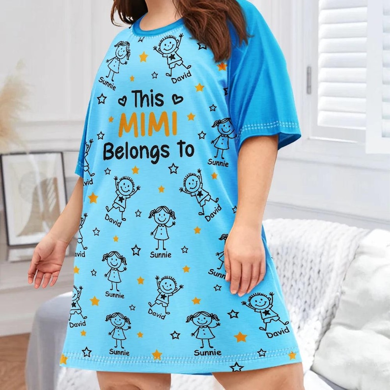 May include: A light blue nightgown with short sleeves. The nightgown features a repeating pattern of stick figures, stars, and the names "Sunnie" and "David." The text "This MIMI Belongs to" is printed on the front.