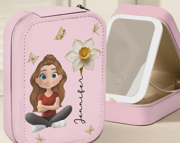 Personalized LED Mirror Jewelry Box: Custom Name Travel Case