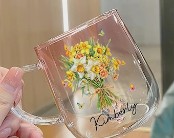 Personalized Birth Flower Glass Mug: Custom Name Pink Gradient Floral Cup