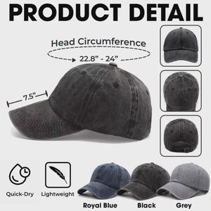 May include: A dark grey baseball cap with a curved brim, measuring 7.5 inches. The cap's head circumference is between 22.8 and 24 inches. The image also shows the cap in royal blue, black, and grey. Features include quick-dry and lightweight.