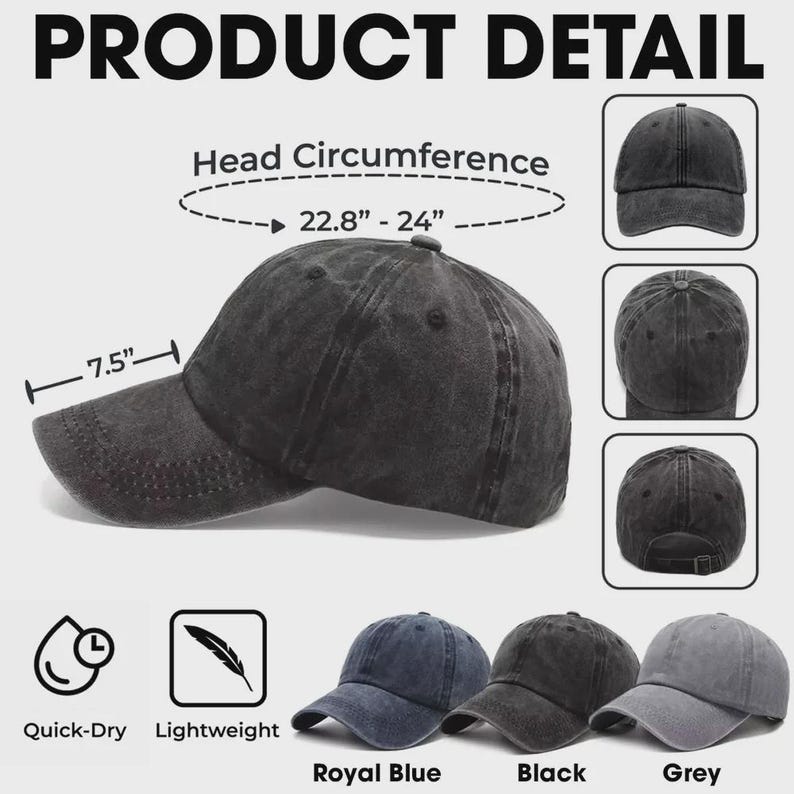 May include: A dark grey baseball cap with a curved brim, measuring 7.5 inches. The cap's head circumference is between 22.8 and 24 inches. The image also shows the cap in royal blue, black, and grey. Features include quick-dry and lightweight.
