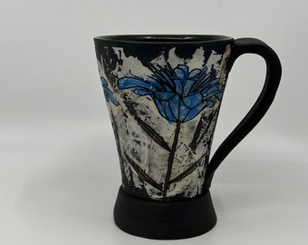 Tutfed Blue Zinnias Coffe Mug- Thrown with  Black  Stoneware Clay - Underglaze Transfers -