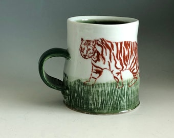 Tiger Mug, Thrown with Porcelain, Decorated w/Silkscreens, underglazes-Coffee Mug- Tea Lovers, Homewares, Coffee Break - Office