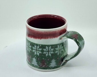 Christmas Tree Coffee Mug, Thrown with Fine Porcelain, Decorated With Tissue Transfers - Holiday Mugs