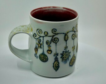 Christmas Ornaments Coffee Mug, Thrown with Fine Porcelain, Decorated With Silk Screens - Holiday Mugs