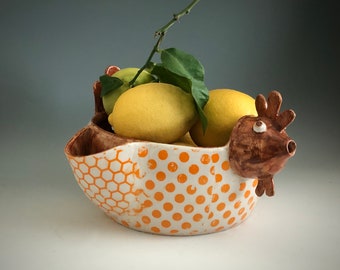 Chicken Knitting Bowl/Fruit Bowl/Home Decor/Thrown with Fine Stoneware/Decorated with Underglaze Transfers and Underglazes