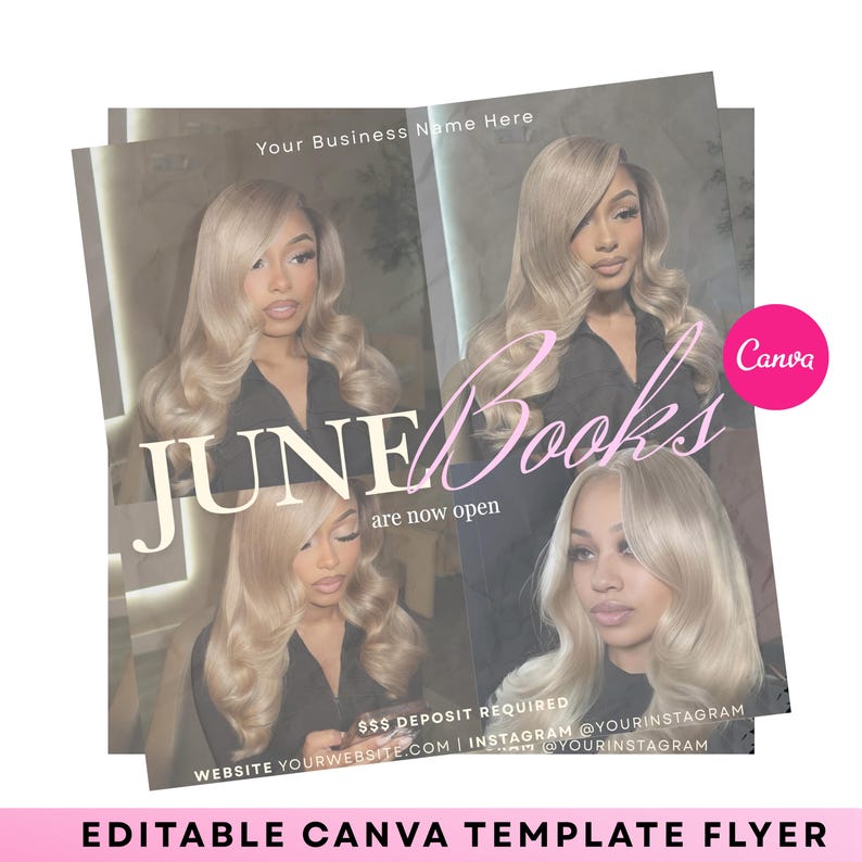 K&ouml;nnte beinhalten: Ein editierbares Canva-Vorlagen-Flyer mit vier Bildern einer Person mit blonden Haaren. Der Flyer enth&auml;lt den Text "JUNE Books are now open" in einer stilisierten Schriftart. Der Flyer enth&auml;lt auch den Text "Your Business Name Here" und Social-Media-Handles.
