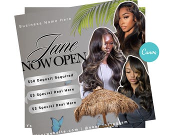 Juni-Buchungsflyer, Sommer-Beauty-Flyer, jetzt buchen Juni, Sommersaison-Flyer, Hair Lox Braid Flyer, Lash Flyer, Juni Books Open, DIY Canva