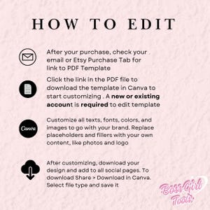 K&ouml;nnte beinhalten: Rosa Grafik mit dem Text &bdquo;HOW TO EDIT&ldquo; oben. Anweisungen umfassen das &Uuml;berpr&uuml;fen von E-Mails, das Herunterladen einer Canva-Vorlage, das Anpassen von Text und Bildern und das Speichern des Designs. Das Logo von Boss Girl Tools befindet sich unten rechts.