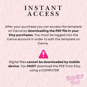 K&ouml;nnte beinhalten: Eine rosa Grafik mit den schwarzen Worten "INSTANT ACCESS". Es werden Anweisungen zur Verf&uuml;gung gestellt, wie man nach dem Kauf auf eine Vorlage auf Canva zugreift, einschlie&szlig;lich des Herunterladens einer PDF-Datei von Etsy auf einem Computer. Ein rosa Ausrufezeichen ist ebenfalls vorhanden.