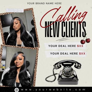 May include: An advertisement with the text "Calling NEW CLIENTS". The image features two photos of a person with long black hair, a vintage black telephone, and cherries. The brand name and website are also displayed on a beige background.