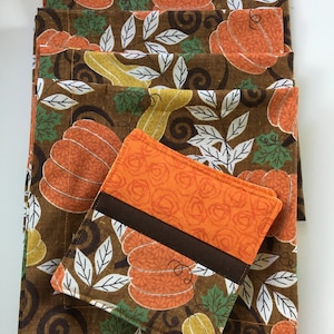 Fall Pumpkins and Leaves Cloth Napkins and Coasters Set, Napkins/Coasters with Pumpkins, Gourds and Autumn Leaves/Fall Table Decor
