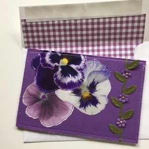 Fabric Postcard with Purple Pansies/Gift for Mom/Spring Pansies