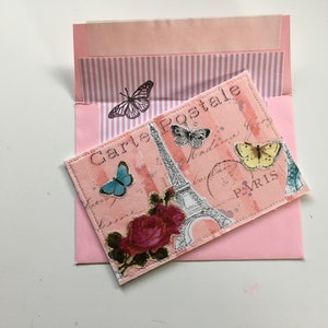 French Themed Fabric Postcard, Postcard with Eiffel Tower and Butterflies, Parisian Postcard