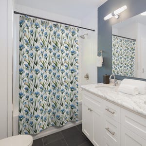 Floral Shower Curtain with Botanical Blue Flower Print - Waterproof Bathroom Decor, gift for her, housewarming gifts