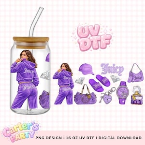 May include: A digital design with a purple Juicy Couture theme. It features a glass tumbler with a bamboo lid and straw, a woman in a purple tracksuit, and accessories such as a purse, watch, and shoes. The word "Juicy" is displayed.