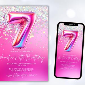 Editable Pink 7th Birthday Invitation Template Glitter Birthday Party Glitter Foil Girl 7th Birthday Instant Download Digital BD16