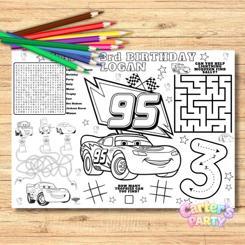 Cars Lightning Mcqueen Birthday Coloring Page, Custom Party Placemat ...