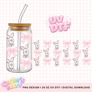 May include: A clear glass can-shaped tumbler with a bamboo lid and a curved glass straw. The tumbler is decorated with pink bows and cartoon bunnies. The words "UV DTF" are in pink bubble letters. The text "Carter's Party" is in a colorful, playful font.