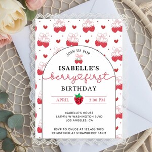 Faire-part d'anniversaire aux fraises, invitation d'anniversaire fille modifiable, modèle imprimable d'invitation d'anniversaire fille rouge fraise âge JEFF19