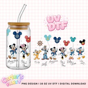 May include: A clear glass tumbler with a bamboo lid and a straw. The tumbler features a colourful design of Disney characters, including Mickey and Minnie Mouse, holding balloon-shaped balloons. The words "Mickey Mouse" and "Minnie Mouse" are written in cursive.