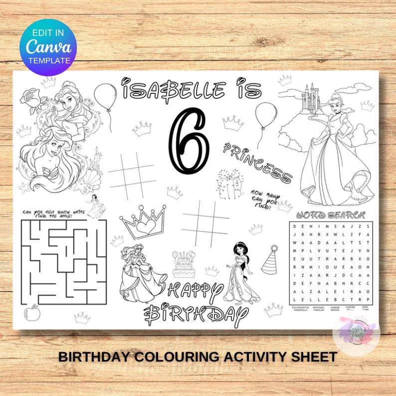 Kids Birthday Coloring Page, Printable Custom Birthday Coloring Placemat, Birthday Craft Activity Sheet, Editable Template, DIY Party Favor