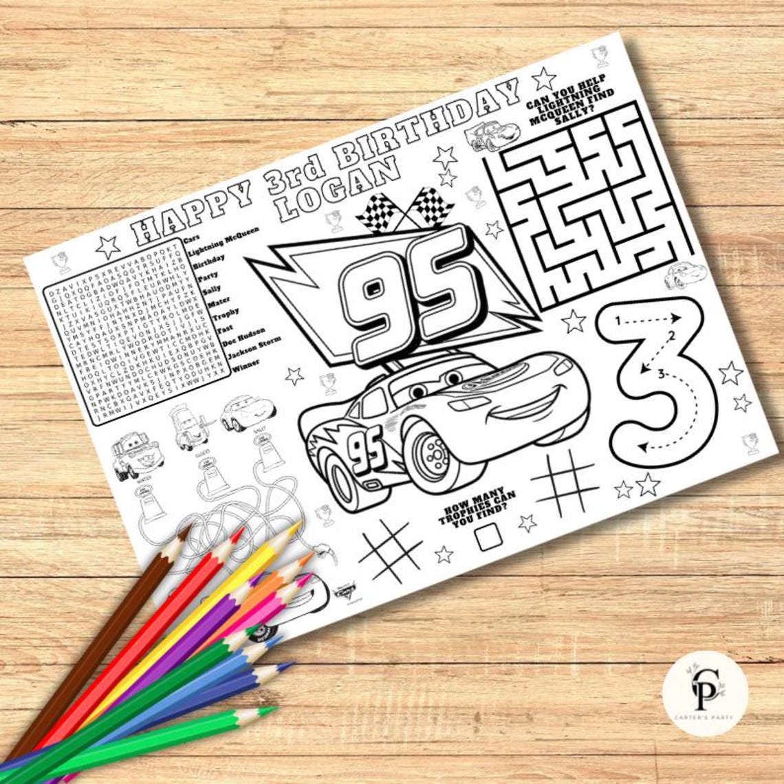Cars Lightning Mcqueen Birthday Coloring Page, Custom Party Placemat ...
