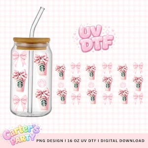 May include: A clear glass can-shaped tumbler with a bamboo lid and a glass straw. The tumbler is decorated with pink bows and pink Starbucks cup designs. Additional pink bows and cup designs are scattered around the tumbler. The text "UV DTF" is in pink.