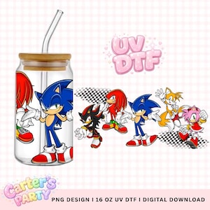 May include: A clear glass can-shaped tumbler with a bamboo lid and a curved glass straw. The tumbler features a cartoon graphic of Sonic the Hedgehog and friends. The background includes the text "UV DTF" and "Carter's Party".