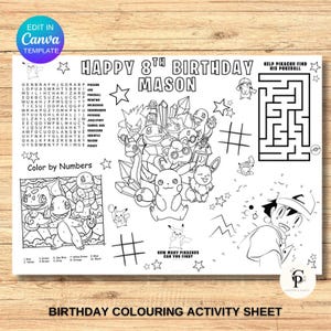 Kids Birthday Coloring Page, Printable Custom Birthday Coloring Placemat, Birthday Craft Activity Sheet, Editable Template, DIY Party Favor