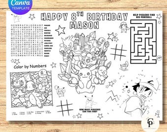 Kids Birthday Coloring Page, Printable Custom Birthday Coloring Placemat, Birthday Craft Activity Sheet, Editable Template, DIY Party Favor