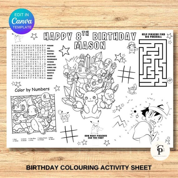 Pokemon Birthday Coloring Page, Custom Placemat Activity (Digital Download)