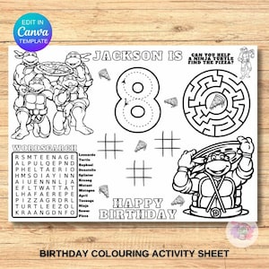 Pagina da colorare per il compleanno dei bambini, tovaglietta da colorare per il compleanno personalizzata e stampabile, foglio di attività per il compleanno della tartaruga, modello modificabile, bomboniera ninja