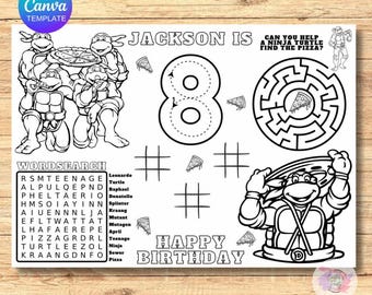 Kids Birthday Coloring Page, Printable Custom Birthday Coloring Placemat,Birthday Turtle Activity Sheet, Editable Template,ninja Party Favor